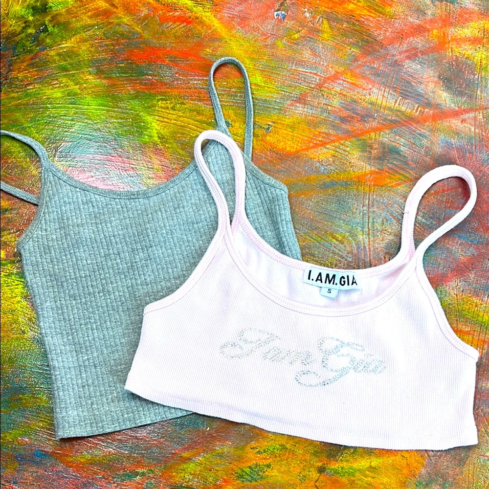 I.AM.GIA & TopShop Ribbed Crop Tops Set of 2 - Light Gray and Soft Pink Bundle